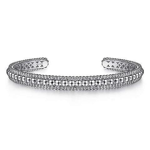 White Polished Sterling Silver Beaded Open Bangle Bracelet Length 6.5