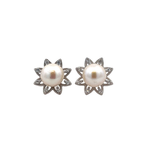 Lady's White Sterling Silver Flower Stud Earrings With 2= Fresh Water