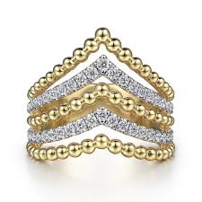 Lady's Yellow 14 Karat Layered, Beaded Chevron Fashion Ring Size 6.5 W