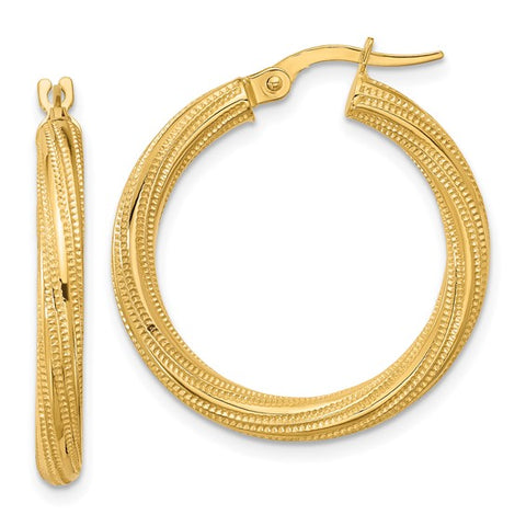 Lady's Yellow 10 Karat Textured Small Twisted Tube Hoop Earrings