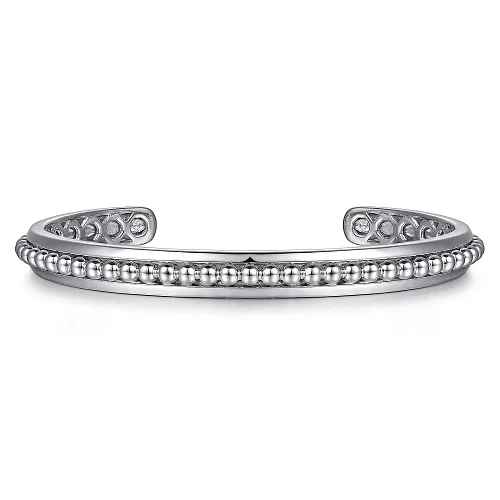 White Sterling Silver Beaded Center Cuff Bracelet Length 7.25