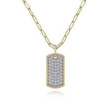 Lady's Yellow 14 Karat Pave' Dog Tag Pendant Length 18 With 0.68Tw Rou
