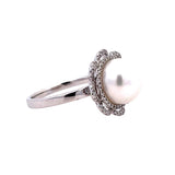 Lady's White 14 Karat Floral Halo Ring With One Cultured Pearl And 0.1