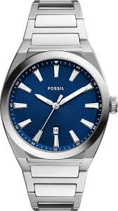 Everett Three Hand Date Stainless Steel Fossil Watch with Blue Face