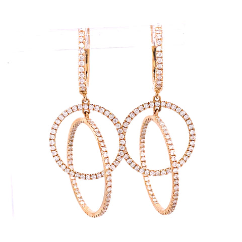 Lady's Yellow 18 Karat Double Circle Dangle Earrings With 208=1.37Tw R