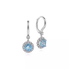 Lady's White 14 Karat Halo Dangle Earrings With 2=1.81Tw Round Blue To