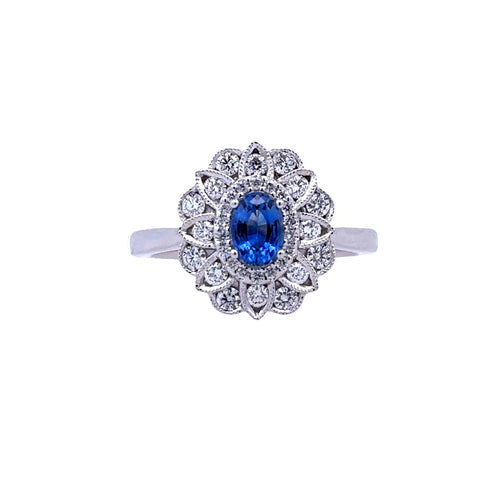 Vintage Floral Halo Fashion Ring | 14k White (0.60ct Oval)
