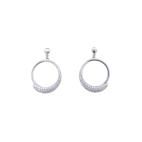 Lady's White Sterling Silver Circle Dangle Earrings With R Cubic Zirco