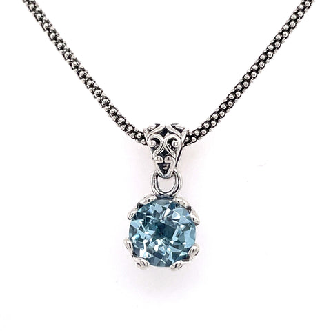 Lady's White Sterling Silver Solitaire Necklace With One Round Blue To