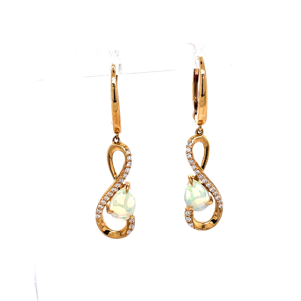 Lady's Yellow 14 Karat Swirl Dangle Earrings With 2=0.80Tw Pear Opals