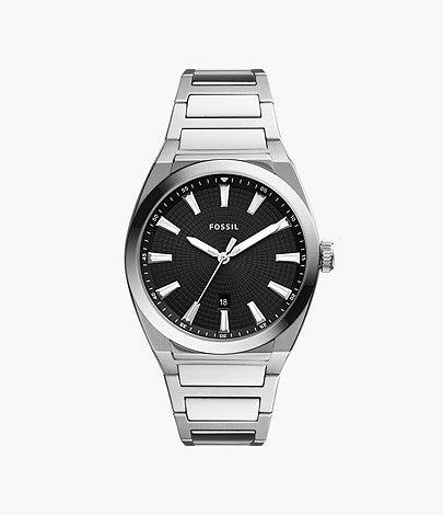 White Stainless Steel Everett, Three Hand Date With Black Face Fossil