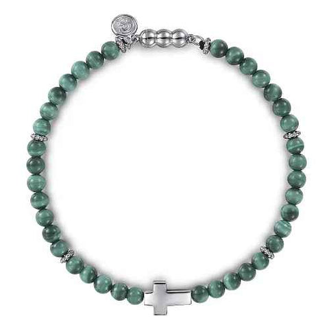 White Sterling Silver Cross With Malachite Beads Bracelet Length 8