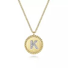 Lady's Yellow 14 Karat Round Initial Medallion "K" Pendant Length 17.5