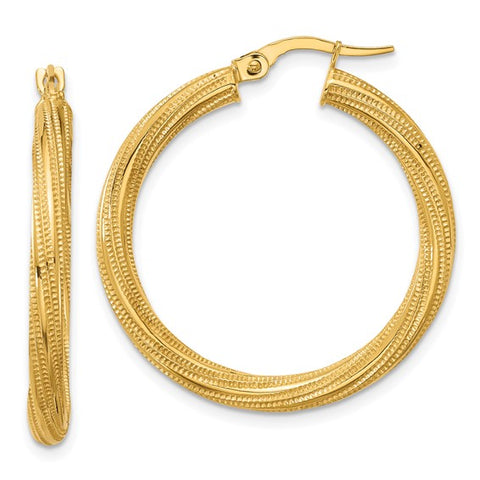 Lady's Yellow 10 Karat Textured Medium Twisted Tube Hoop Earrings