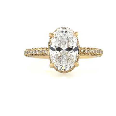 Yellow 14 Karat Low Profile Halo, Pave' Ring Size 6.5 With One 9.00X6.