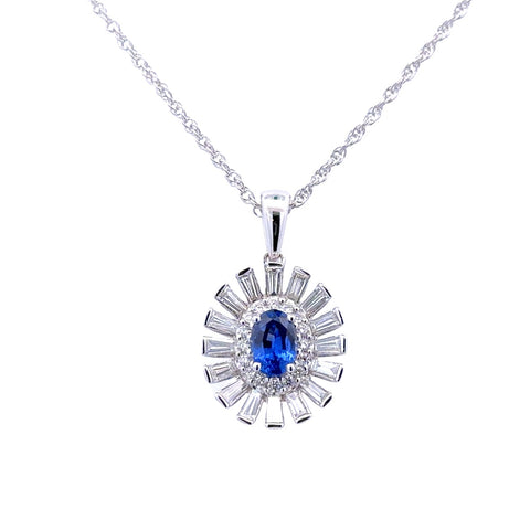 Lady's White 14 Karat Starburst, Halo Necklace With One 0.60Ct Oval Sa