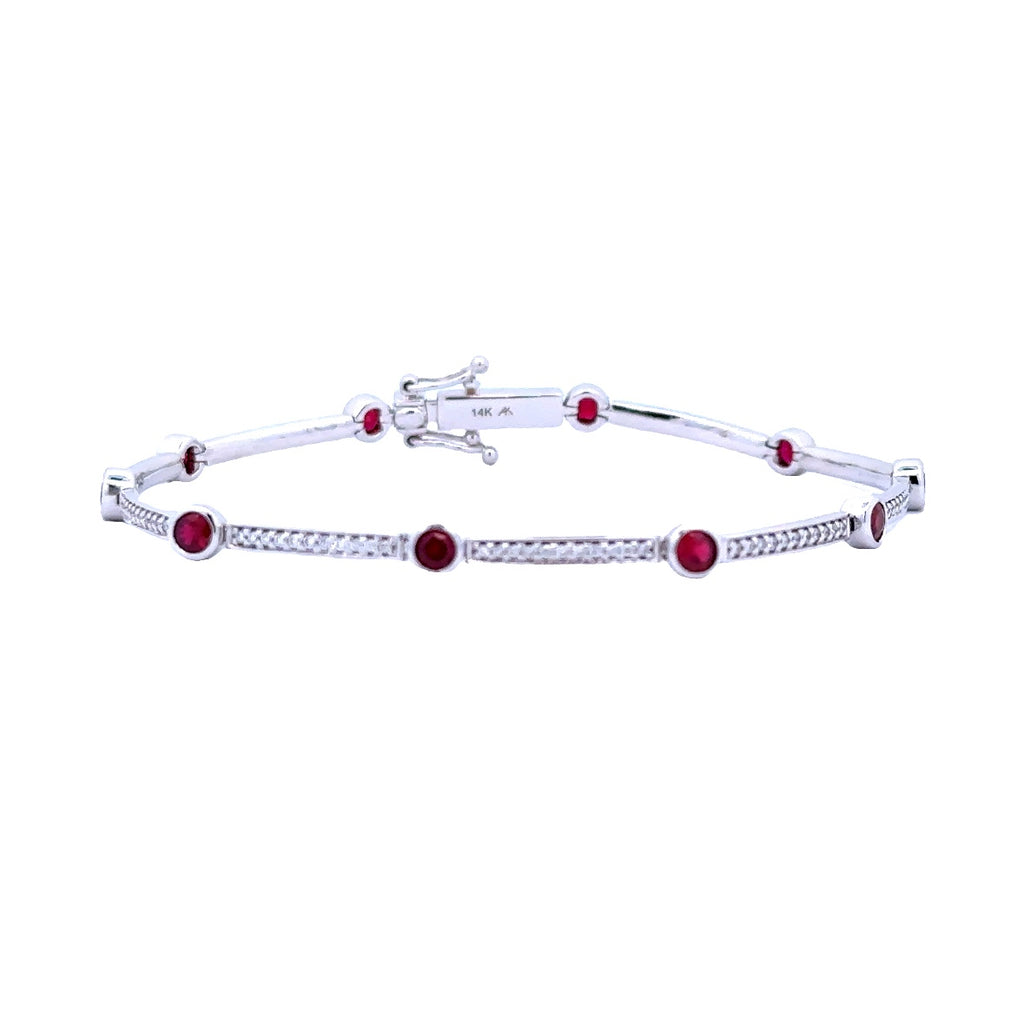 "Radiant Romance: Lady's White 14K Bar Link Bracelet with Rubies and Diamonds"