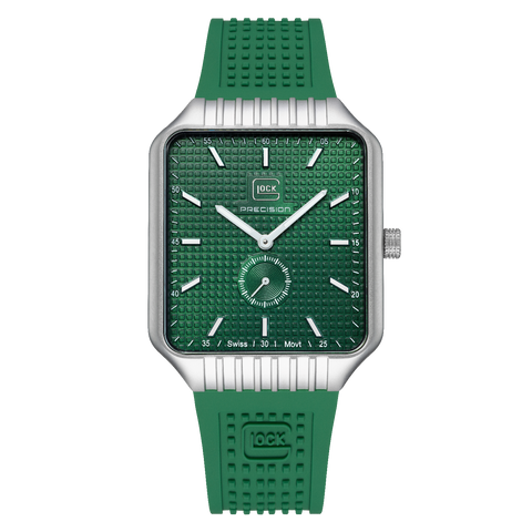 Silver Tone Stainless Steel Precision Glock, Green Silicone Strap Watc