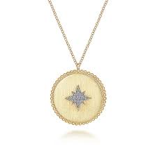 Lady's Yellow 14K Gold Brushed Medallion Necklace With Diamond Star Ne