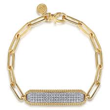 Lady's Yellow 14 Karat Paperclip Chain With Pave' Id Bracelet Length 7