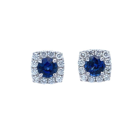 Lady's White 18 Karat Halo Studs Earrings With 2=2.05Tw Round Sapphire