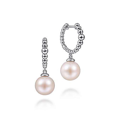 Lady's White Ss Beaded Hoop Dangle Earrings With 2= Fresh Water Pearls