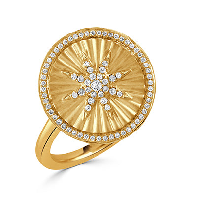 Lady's Yellow 18 Karat Satin Starburst 22Mm Medallion Fashion Ring Siz