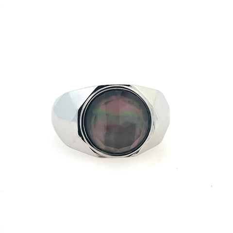 White Sterling Silver Signet Ring Length 10 With Black Mother Of Pearl