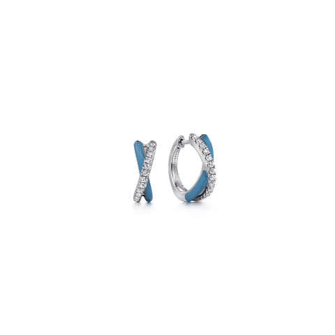 Lady's White Sterling Silver Baby Blue Enamel, Crossover Hoop Earrings