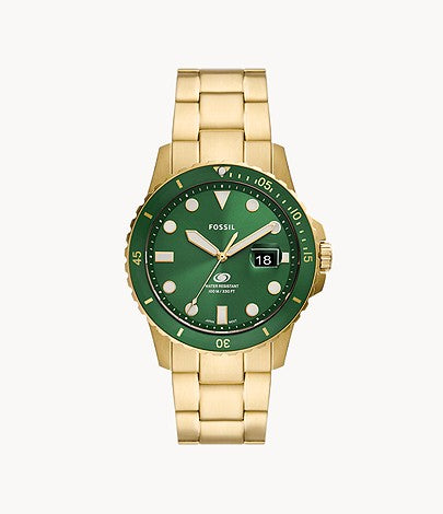 This 42mm Fossil Blue watch features a green sunray dial, three-hand d