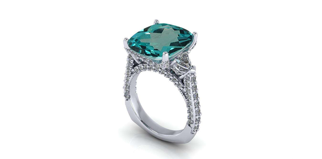 A CAD render of a ring with a large cushion-cut blue-green gem and a split, diamond-set band