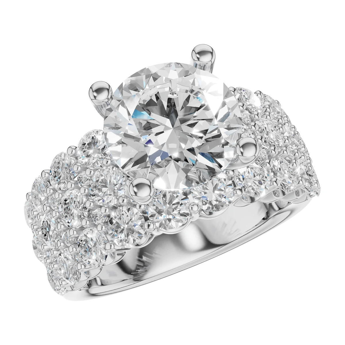 A round diamond engagement ring on a wide diamond-set band from The J. David Collection
