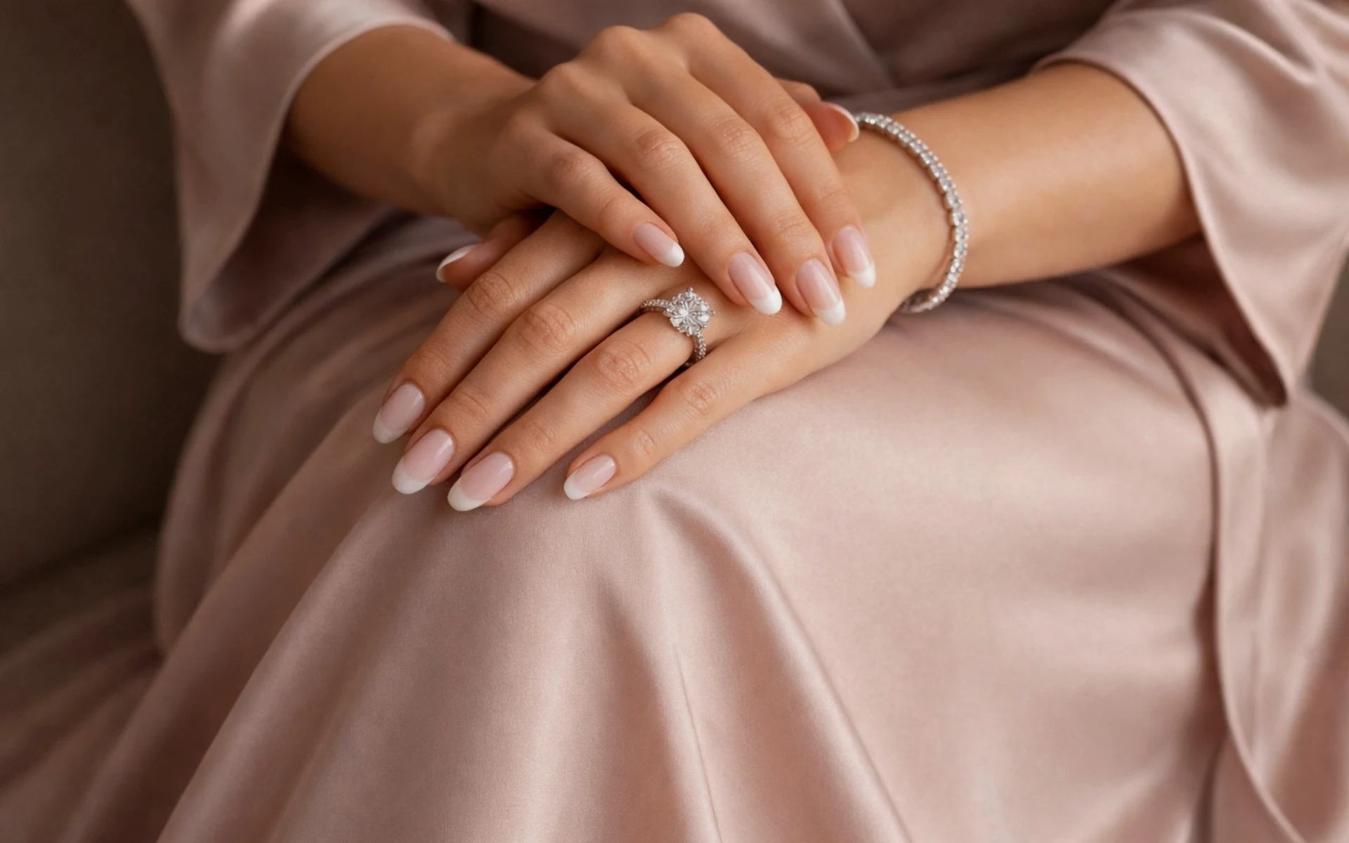 An engagement ring worn on a hand resting in a lap