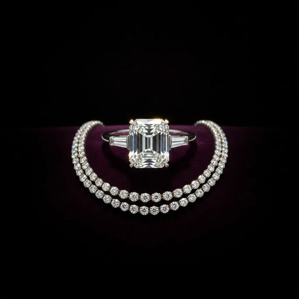 Emerald-cut diamond ring flanked by tapered baguette diamonds on velvet