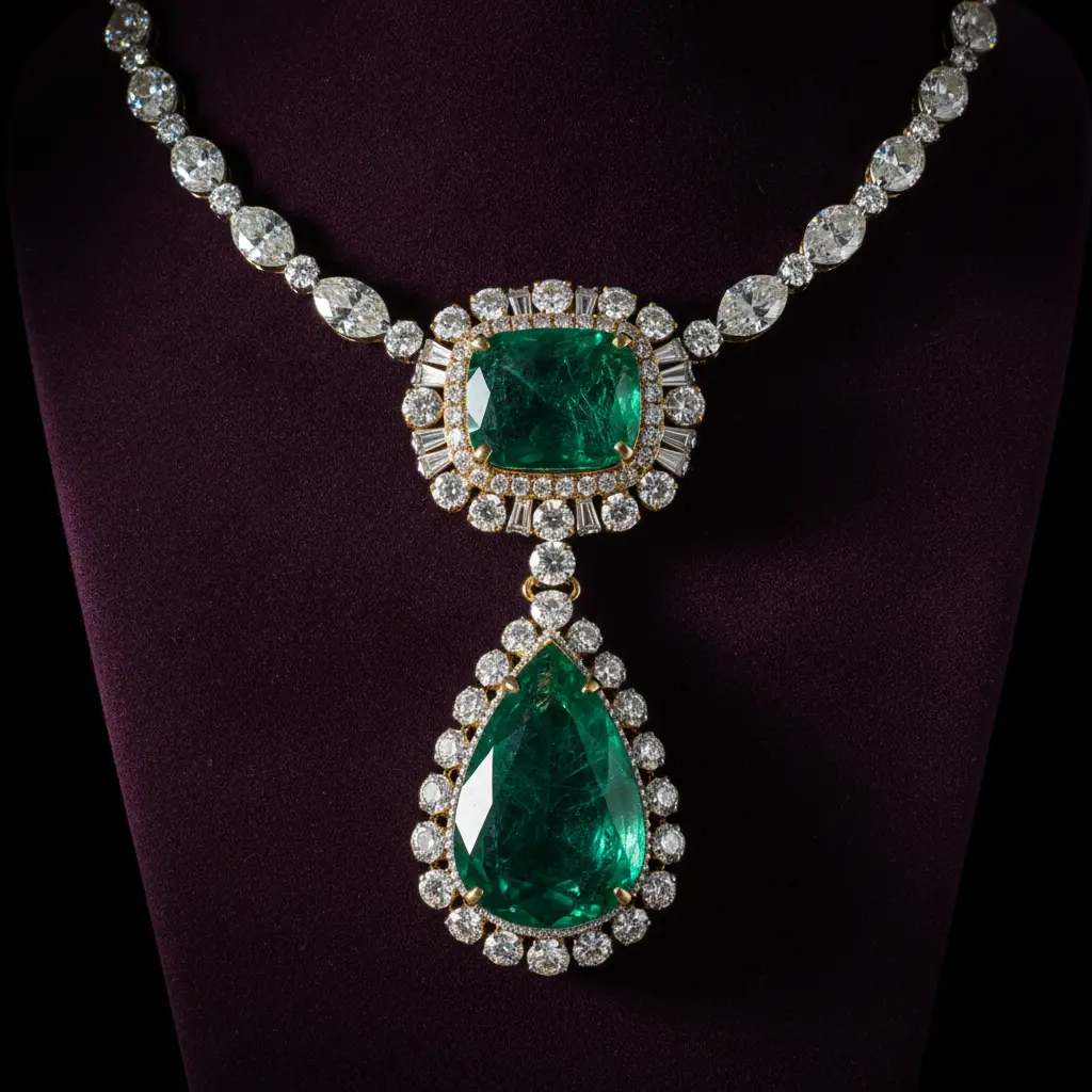 Step-cut emerald drop suspended from a riviere of brilliant diamonds on velvet