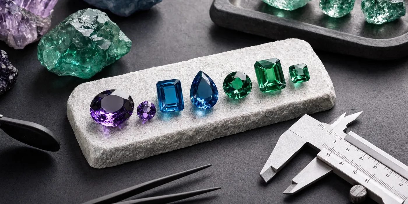Cut colored gems in a row on a stone block, rough crystals and tweezers beside them