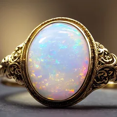 An oval opal ring in engraved yellow gold