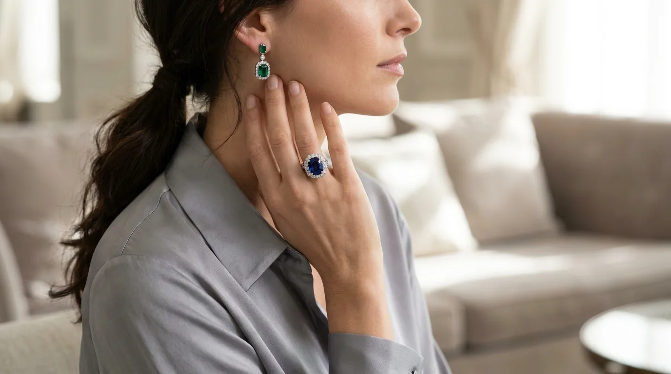 A model wearing a deep sapphire cocktail ring and emerald-green drop earrings