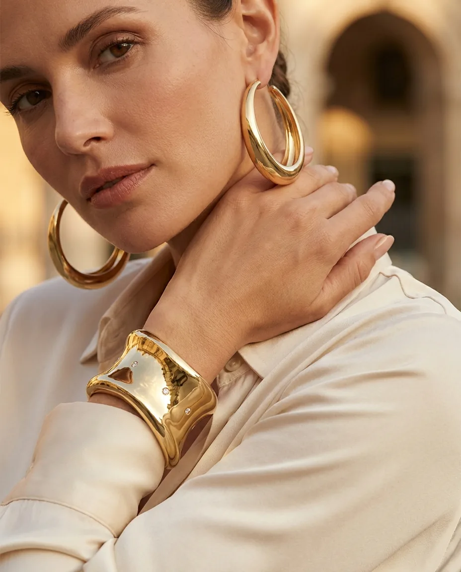 Illustration of a model wearing a sculptural yellow-gold cuff and an oversized gold hoop earring