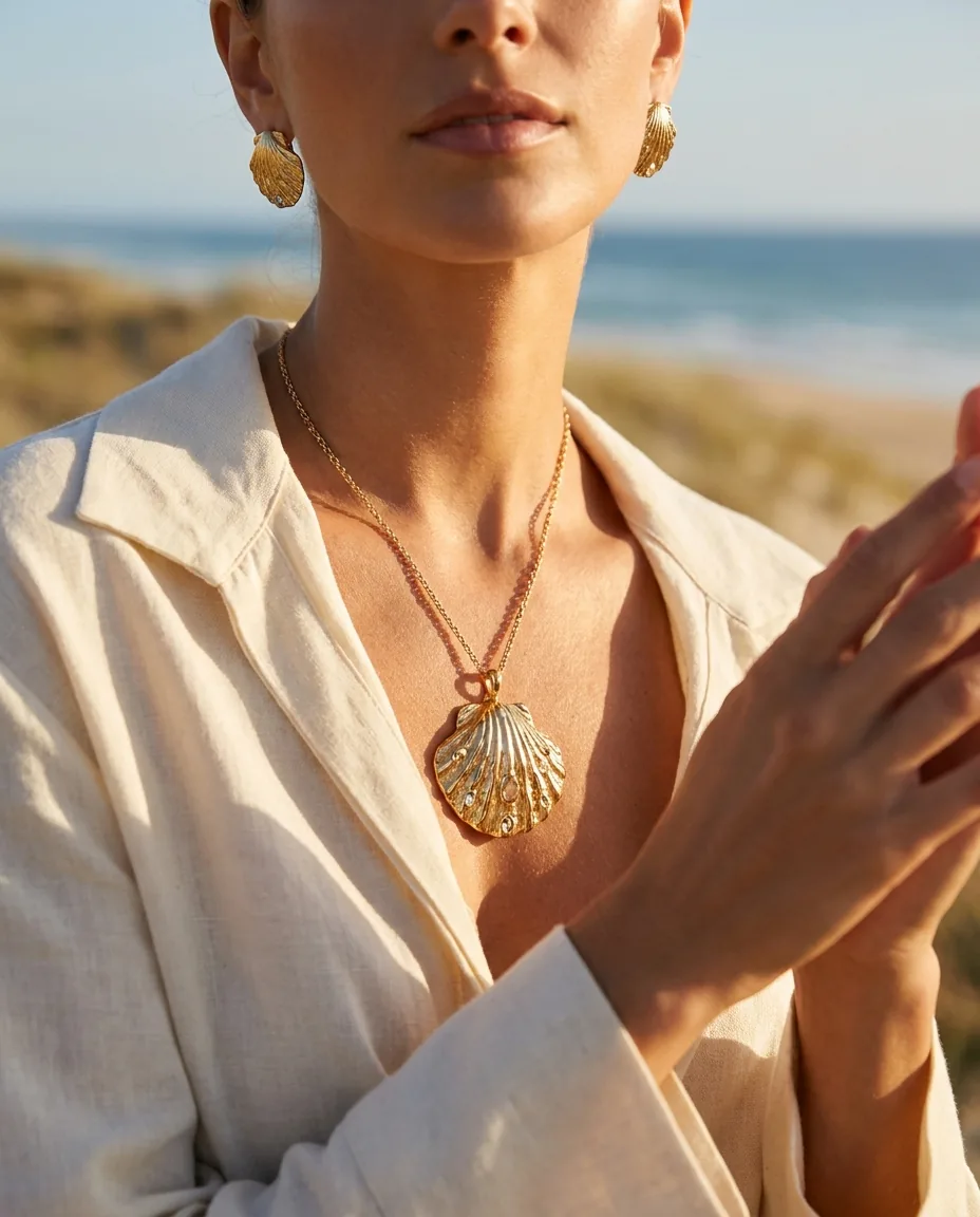Illustration of a model wearing a gilded shell-motif gold pendant by the sea at golden hour