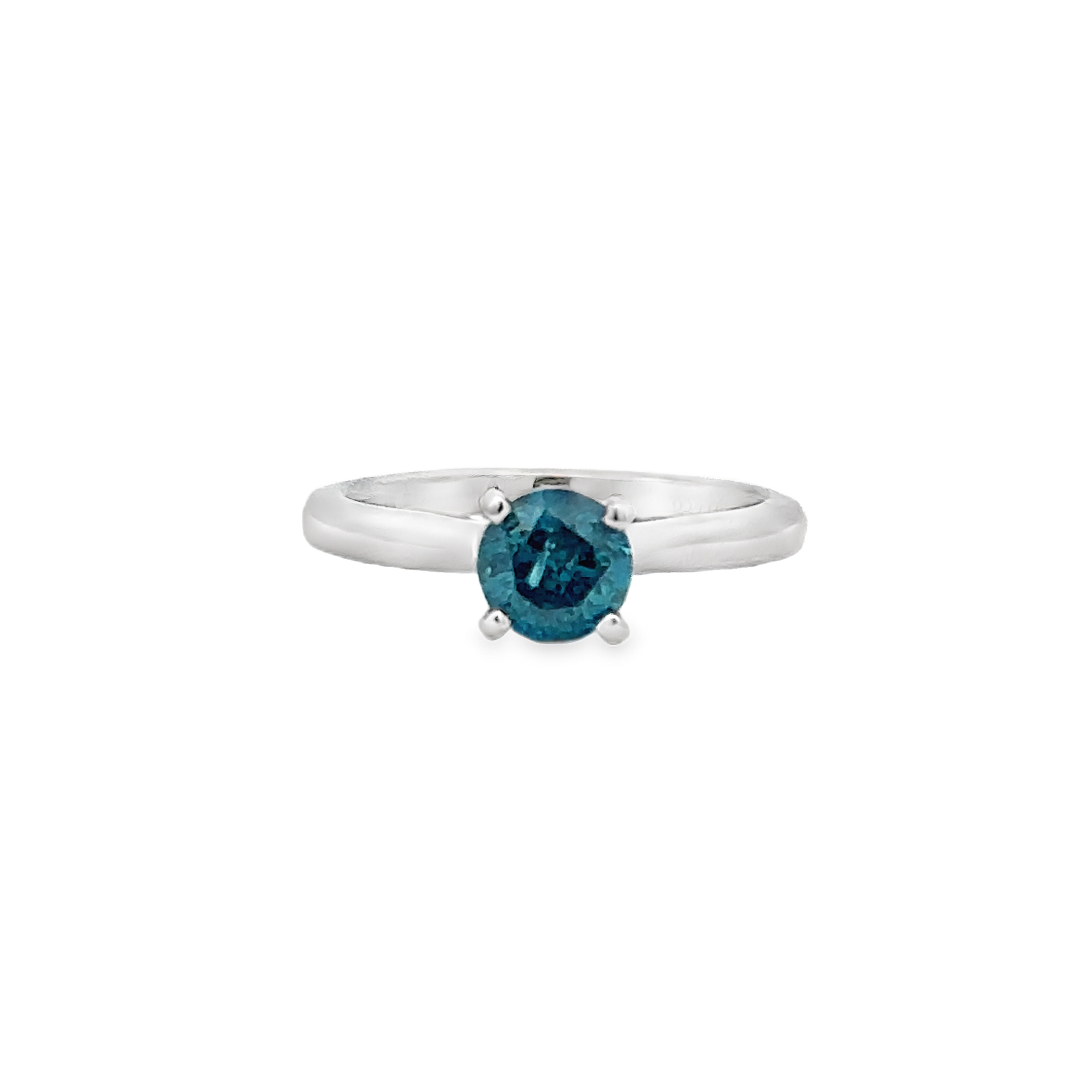 Lady's White 14 Karat Solitaire Engagement Ring Size 6.5 With One = 0.98Ct Round I1 Blue Diamond