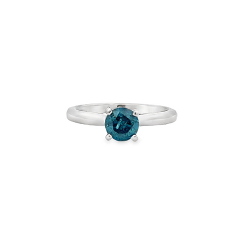 Lady's White 14 Karat Solitaire Engagement Ring Size 6.5 With One = 0.98Ct Round I1 Blue Diamond