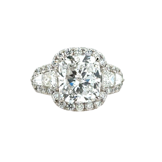 Lady's White Platinum Prong Set Halo Ring one = 5.02ct Cushion D SI2 Diamond
4 = 0.96tw Various Shapes G/H VS2 Diamonds
40 = 1.17tw Round G/H SI1 Diamonds