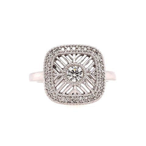 Lady's White Polished 14 Karat Square, Halo With Bezel Center And Filigree Detail Fashion Ring Size 6.5 With 0.33Tw Round G/H Si1 Diamonds Regularly $1800 Vendor Price $900

Purchases made from our Vendor Price case are not eligible for "complimentary"s