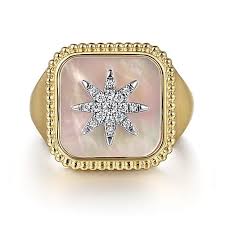 Lady's Yellow 14 Karat Square Starburst Fashion Ring Size 6.5 With Squc Mother Of Pearls And 0.10Tw Round H/I Si2 Diamonds