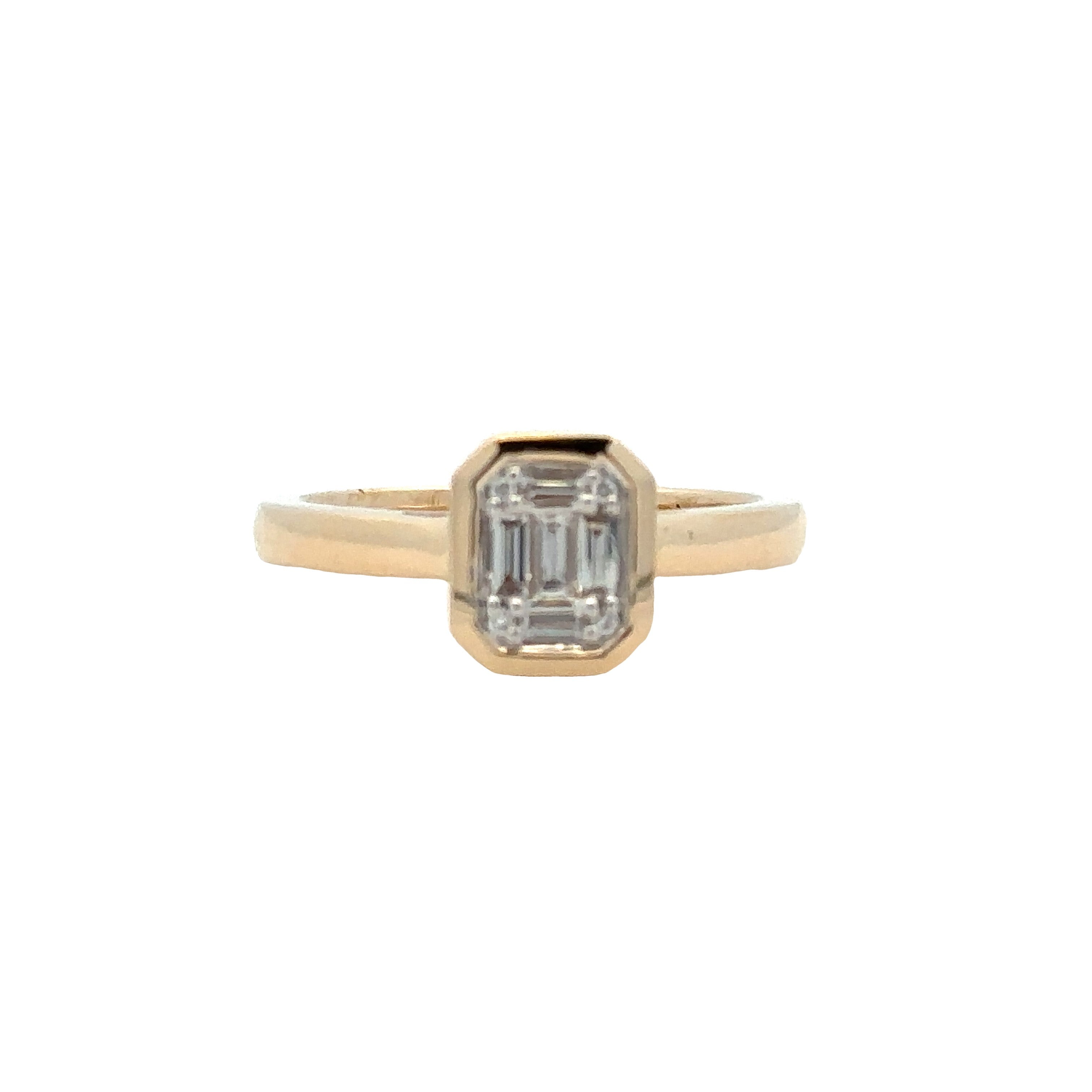 Lady's Yellow 14 Karat Multi Stone Bezel Fashion Ring With 0.12Tw Baguette G/H Vs2 Diamonds And 0.02Tw Round G/H Si1 Diamonds