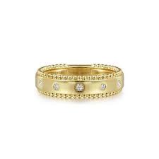 Lady's Yellow 14 Karat Inlay Band With Beaded Edge Fashion Ring Size 6.5 With 0.04tw Round H/I SI2 Diamonds