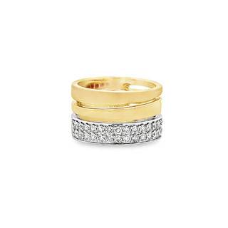 Lady's Tt 14 Karat Polished/Brushed Wide, Three Row With Pave' Fashion Ring Size 6.5 With 34 = 0.75Tw Round G/H Si1 Diamonds