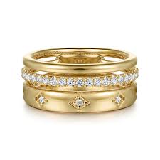 Lady's Yellow 14 Karat Three Row, Easy Stackable Fashion Ring Size 6.5 With = 0.31Tw Round H/I Si1 Diamonds