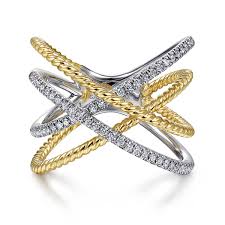 Lady's White/Yellow 14 Karat Hampton Collection, Twisted Rope Criss Cross Fashion Ring Size 6.5 = 0.26tw Round G/H SI2 Diamonds